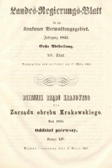 Dziennik Rządu Krajowego dla Zarządu Obrębu Krakowskiego. 1855, oddział 1, z. 14