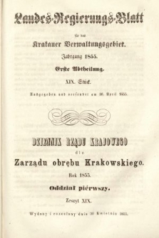 Dziennik Rządu Krajowego dla Zarządu Obrębu Krakowskiego. 1855, oddział 1, z. 19