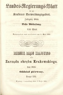 Dziennik Rządu Krajowego dla Zarządu Obrębu Krakowskiego. 1855, oddział 1, z. 21