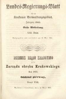 Dziennik Rządu Krajowego dla Zarządu Obrębu Krakowskiego. 1855, oddział 1, z. 22