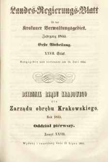 Dziennik Rządu Krajowego dla Zarządu Obrębu Krakowskiego. 1855, oddział 1, z. 27