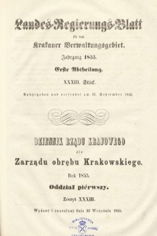 Dziennik Rządu Krajowego dla Zarządu Obrębu Krakowskiego. 1855, oddział 1, z. 33
