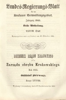 Dziennik Rządu Krajowego dla Zarządu Obrębu Krakowskiego. 1855, oddział 1, z. 38