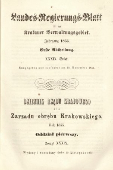 Dziennik Rządu Krajowego dla Zarządu Obrębu Krakowskiego. 1855, oddział 1, z. 39