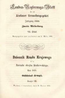 Dziennik Rządu Krajowego dla Zarządu Obrębu Krakowskiego. 1855, oddział 2, z. 7