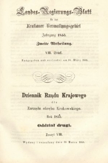 Dziennik Rządu Krajowego dla Zarządu Obrębu Krakowskiego. 1855, oddział 2, z. 8