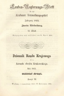Dziennik Rządu Krajowego dla Zarządu Obrębu Krakowskiego. 1855, oddział 2, z. 11
