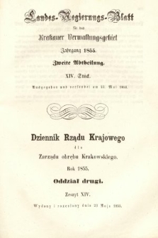 Dziennik Rządu Krajowego dla Zarządu Obrębu Krakowskiego. 1855, oddział 2, z. 14
