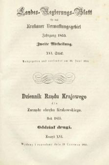 Dziennik Rządu Krajowego dla Zarządu Obrębu Krakowskiego. 1855, oddział 2, z. 16