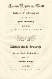 Dziennik Rządu Krajowego dla Zarządu Obrębu Krakowskiego. 1855, oddział 2, z. 17