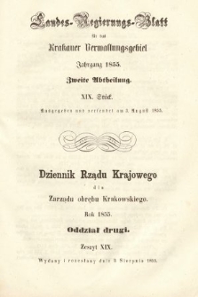 Dziennik Rządu Krajowego dla Zarządu Obrębu Krakowskiego. 1855, oddział 2, z. 19