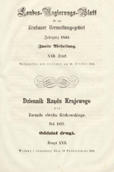 Dziennik Rządu Krajowego dla Zarządu Obrębu Krakowskiego. 1855, oddział 2, z. 22