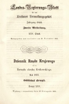 Dziennik Rządu Krajowego dla Zarządu Obrębu Krakowskiego. 1855, oddział 2, z. 25
