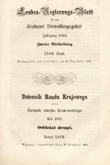 Dziennik Rządu Krajowego dla Zarządu Obrębu Krakowskiego. 1855, oddział 2, z. 27