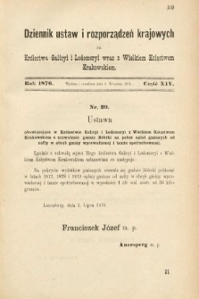 Dziennik Ustaw i Rozporządzeń Krajowych dla Królestwa Galicyi i Lodomeryi wraz z Wielkiem Księstwem Krakowskiem. 1876, nr 14