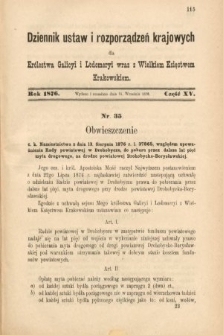 Dziennik Ustaw i Rozporządzeń Krajowych dla Królestwa Galicyi i Lodomeryi wraz z Wielkiem Księstwem Krakowskiem. 1876, nr 15