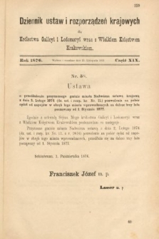 Dziennik Ustaw i Rozporządzeń Krajowych dla Królestwa Galicyi i Lodomeryi wraz z Wielkiem Księstwem Krakowskiem. 1876, nr 19