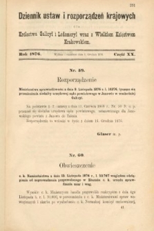 Dziennik Ustaw i Rozporządzeń Krajowych dla Królestwa Galicyi i Lodomeryi wraz z Wielkiem Księstwem Krakowskiem. 1876, nr 20