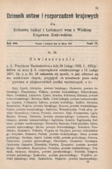 Dziennik Ustaw i Rozporządzeń Krajowych dla Królestwa Galicyi i Lodomeryi wraz z Wielkiem Księstwem Krakowskiem. 1888, cz. 9