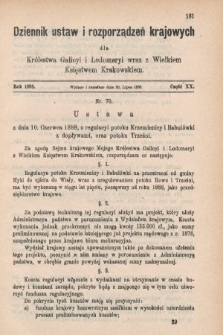 Dziennik Ustaw i Rozporządzeń Krajowych dla Królestwa Galicyi i Lodomeryi wraz z Wielkiem Księstwem Krakowskiem. 1888, cz. 20