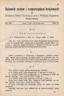 Dziennik Ustaw i Rozporządzeń Krajowych dla Królestwa Galicyi i Lodomeryi wraz z Wielkiem Księstwem Krakowskiem. 1890, cz. 4