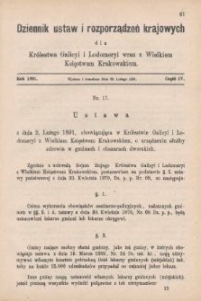 Dziennik Ustaw i Rozporządzeń Krajowych dla Królestwa Galicyi i Lodomeryi wraz z Wielkiem Księstwem Krakowskiem. 1891, cz. 4