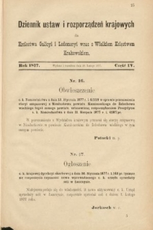 Dziennik Ustaw i Rozporządzeń Krajowych dla Królestwa Galicyi i Lodomeryi wraz z Wielkiem Księstwem Krakowskiem. 1877, cz. 4