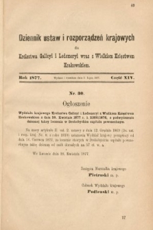 Dziennik Ustaw i Rozporządzeń Krajowych dla Królestwa Galicyi i Lodomeryi wraz z Wielkiem Księstwem Krakowskiem. 1877, cz. 14