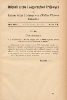 Dziennik Ustaw i Rozporządzeń Krajowych dla Królestwa Galicyi i Lodomeryi wraz z Wielkiem Księstwem Krakowskiem. 1877, cz. 20