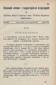 Dziennik Ustaw i Rozporządzeń Krajowych dla Królestwa Galicyi i Lodomeryi wraz z Wielkiem Księstwem Krakowskiem. 1889, cz. 17