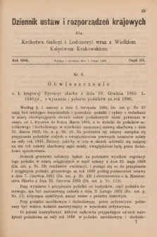 Dziennik Ustaw i Rozporządzeń Krajowych dla Królestwa Galicyi i Lodomeryi wraz z Wielkiem Księstwem Krakowskiem. 1886, cz. 3