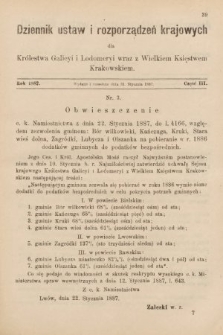 Dziennik Ustaw i Rozporządzeń Krajowych dla Królestwa Galicyi i Lodomeryi wraz z Wielkiem Księstwem Krakowskiem. 1887, cz. 3