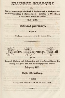 Dziennik Rządowy dla Kraju Koronnego Galicyi i Lodomeryi [...] = Landes-Regierungs-Blatt für das Kronland Galizien und Lodomerien [...]. 1854, oddział 1, cz. 5