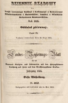 Dziennik Rządowy dla Kraju Koronnego Galicyi i Lodomeryi [...] = Landes-Regierungs-Blatt für das Kronland Galizien und Lodomerien [...]. 1854, oddział 1, cz. 9