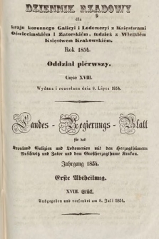 Dziennik Rządowy dla Kraju Koronnego Galicyi i Lodomeryi [...] = Landes-Regierungs-Blatt für das Kronland Galizien und Lodomerien [...]. 1854, oddział 1, cz. 18