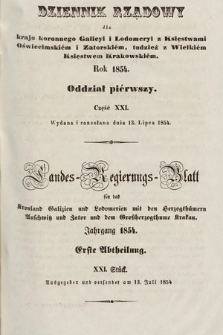 Dziennik Rządowy dla Kraju Koronnego Galicyi i Lodomeryi [...] = Landes-Regierungs-Blatt für das Kronland Galizien und Lodomerien [...]. 1854, oddział 1, cz. 21