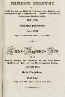 Dziennik Rządowy dla Kraju Koronnego Galicyi i Lodomeryi [...] = Landes-Regierungs-Blatt für das Kronland Galizien und Lodomerien [...]. 1854, oddział 1, cz. 23