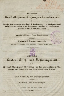 Powszechny Dziennik Praw Krajowych i Rządowych [...] : Oddział pierwszy Tomu Dodatkowego = Allgemeines Landes-Gesetz- und Regierungs-Blatt [...] : Erste Abtheilung des Ergänzungsbandes. 1848/1849