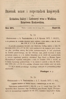 Dziennik Ustaw i Rozporządzeń Krajowych dla Królestwa Galicyi i Lodomeryi wraz z Wielkiem Księstwem Krakowskiem. 1871, cz. 3