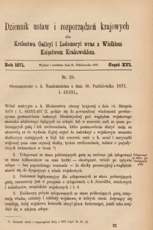 Dziennik Ustaw i Rozporządzeń Krajowych dla Królestwa Galicyi i Lodomeryi wraz z Wielkiem Księstwem Krakowskiem. 1871, cz. 16