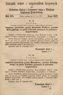 Dziennik Ustaw i Rozporządzeń Krajowych dla Królestwa Galicyi i Lodomeryi wraz z Wielkiem Księstwem Krakowskiem. 1871, cz. 25