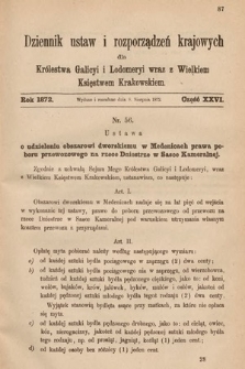 Dziennik Ustaw i Rozporządzeń Krajowych dla Królestwa Galicyi i Lodomeryi wraz z Wielkiem Księstwem Krakowskiem. 1872, cz. 26