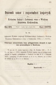 Dziennik Ustaw i Rozporządzeń Krajowych dla Królestwa Galicyi i Lodomeryi wraz z Wielkiem Księstwem Krakowskiem. 1872, cz. 37