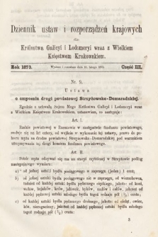 Dziennik Ustaw i Rozporządzeń Krajowych dla Królestwa Galicyi i Lodomeryi wraz z Wielkiem Księstwem Krakowskiem. 1873, cz. 3