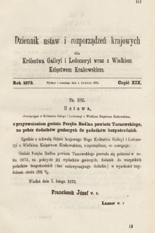 Dziennik Ustaw i Rozporządzeń Krajowych dla Królestwa Galicyi i Lodomeryi wraz z Wielkiem Księstwem Krakowskiem. 1873, cz. 19