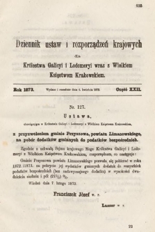 Dziennik Ustaw i Rozporządzeń Krajowych dla Królestwa Galicyi i Lodomeryi wraz z Wielkiem Księstwem Krakowskiem. 1873, cz. 22