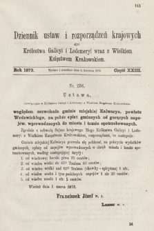 Dziennik Ustaw i Rozporządzeń Krajowych dla Królestwa Galicyi i Lodomeryi wraz z Wielkiem Księstwem Krakowskiem. 1873, cz. 23