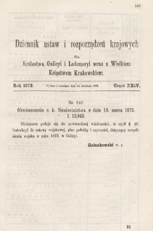 Dziennik Ustaw i Rozporządzeń Krajowych dla Królestwa Galicyi i Lodomeryi wraz z Wielkiem Księstwem Krakowskiem. 1873, cz. 24