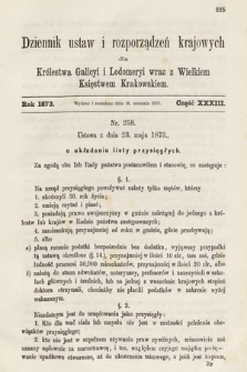Dziennik Ustaw i Rozporządzeń Krajowych dla Królestwa Galicyi i Lodomeryi wraz z Wielkiem Księstwem Krakowskiem. 1873, cz. 33