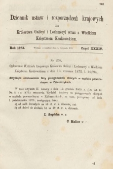 Dziennik Ustaw i Rozporządzeń Krajowych dla Królestwa Galicyi i Lodomeryi wraz z Wielkiem Księstwem Krakowskiem. 1873, cz. 34